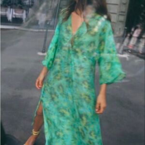 🆕 Zara • Green Tie Dye Print Kaftan Beaded Dress